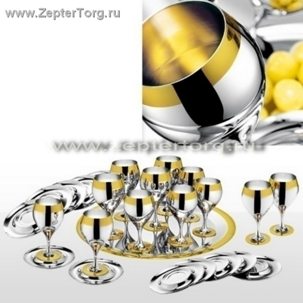 Принц (Prince) Комплект бокалов для воды на 6 персон стальной с золотым декором Цептер (Zepter) 