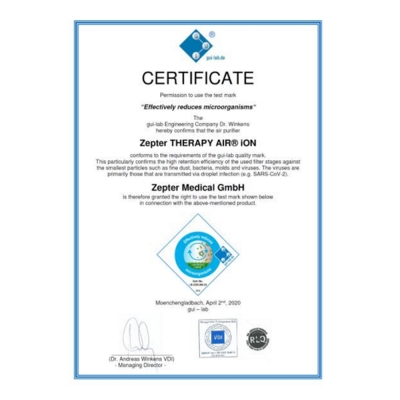 Сертификат на Очиститель воздуха Zepter Therapy Air Ion с ионизацией воздуха